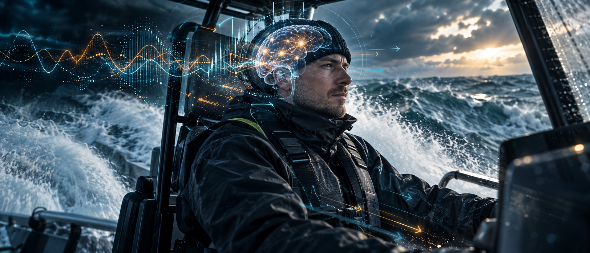 Crew member aboard a fast workboat with neural and vibration data visualisation